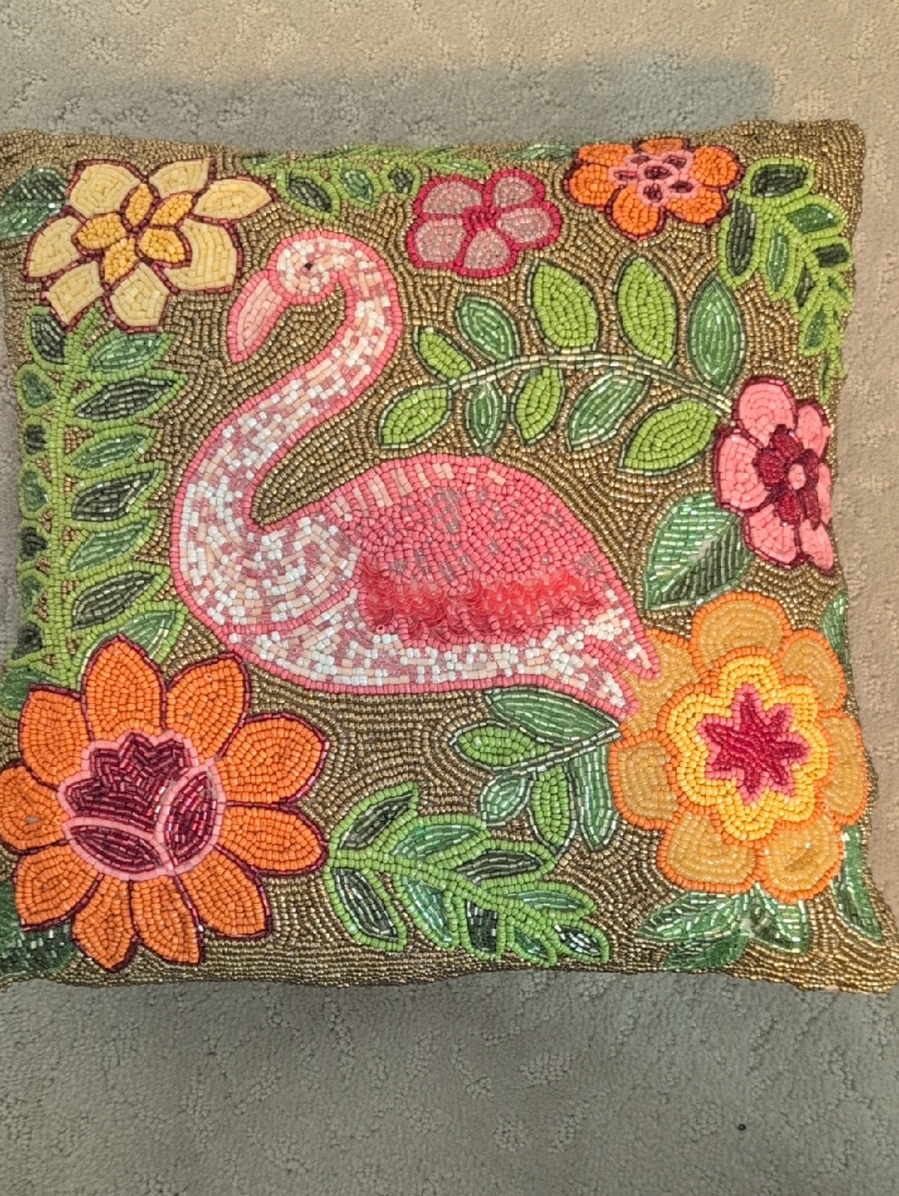 Beaded Pink Flamingo Decorative Pillow Cover - Home Accents